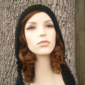 Chunky Knit Hat, Womens Hat, Mens Hat, Winter Hat, Pixie Hat, Elf Hat, Pixie Hood, Knit Hood, Black and Green image 4
