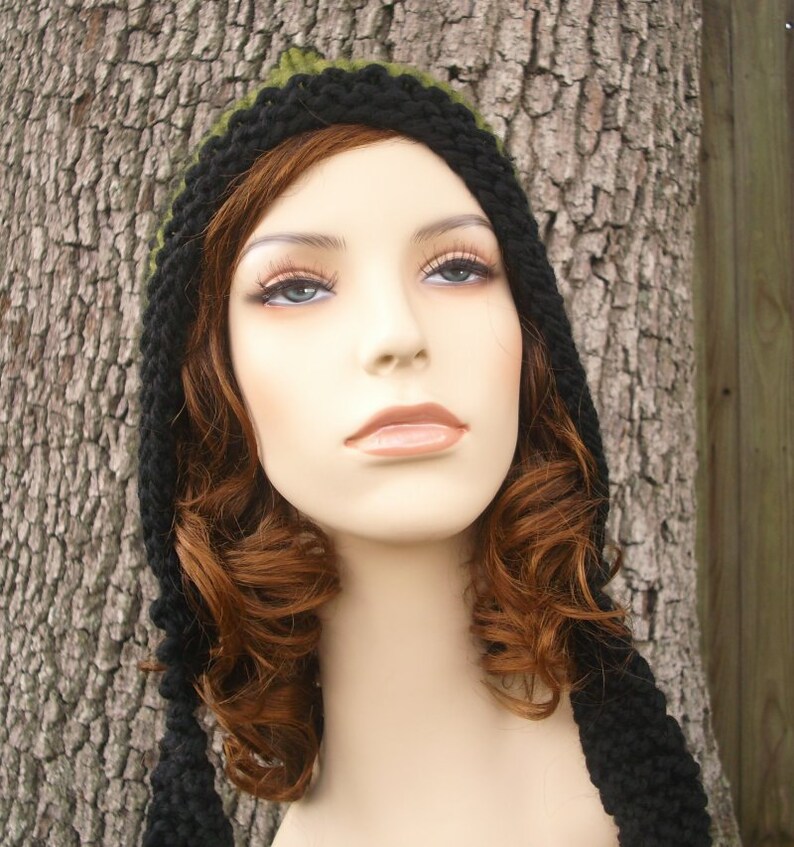 Chunky Knit Hat, Womens Hat, Mens Hat, Winter Hat, Pixie Hat, Elf Hat, Pixie Hood, Knit Hood, Black and Green image 4