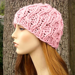 Chunky Knit Hat, Womens Hat, Mens Hat, Winter Hat, Cable Knit Hat, Amsterdam Cable Beanie, Blossom Pink