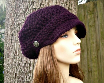 Chunky Crochet Hat, Womens Hat, Mens Hat, Winter Hat, Newsboy Hat, Newsboy Cap, Boho Hat, Crochet Beanie, Crochet Cap, Eggplant Purple