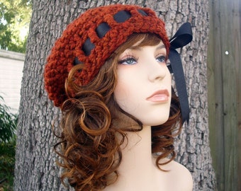 Chunky Crochet Hat, Womens Hat, Mens Hat, Winter Hat, Crochet Beret, Crochet Beanie, Crochet Cap, Escargot Beret, Spice Burnt Orange