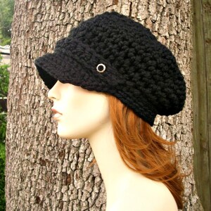 Chunky Crochet Hat, Womens Hat, Mens Hat, Winter Hat, Crochet Beanie, Crochet Cap, Slouchy Beanie, Newsboy Hat, Newsboy Cap, Black image 4