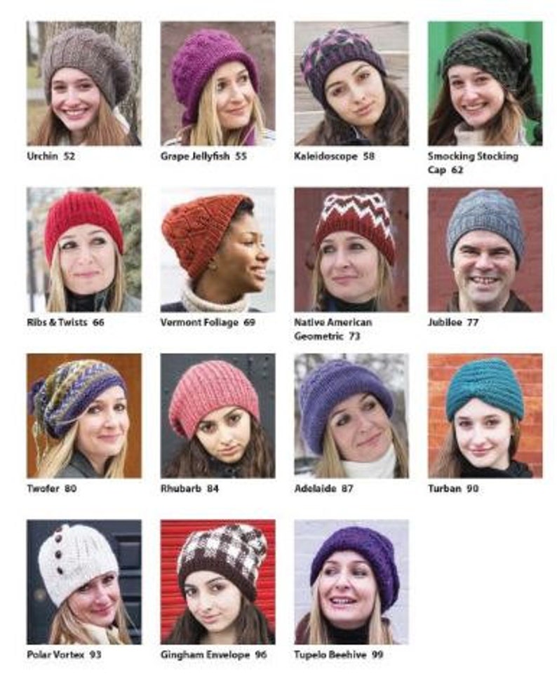 May include: A collection of 12 different knitted hats in various colors and patterns, including a red hat with white stripes, a blue hat with a white geometric pattern, and a green hat with a brown and white plaid pattern.