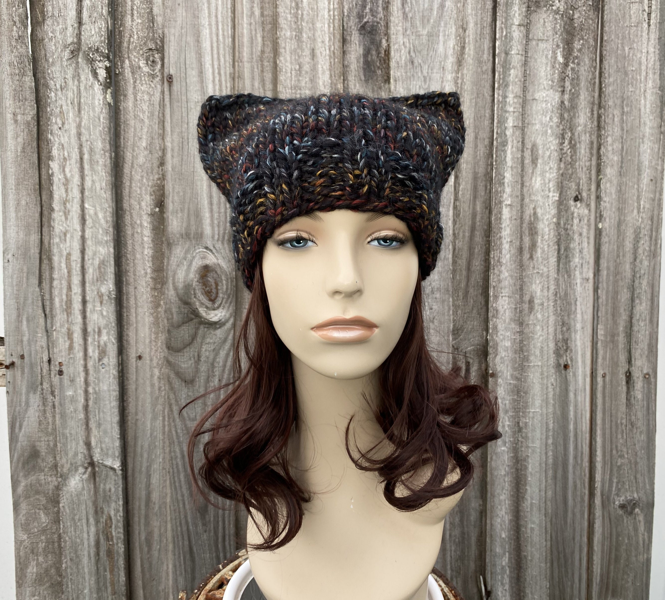 Black Rainbow Cat Hat, Chunky Knit Hat, Mens Hat, Womens Hat