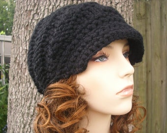 Chunky Knit Hat with Brim, Mens Hat, Womens Hat, Newsboy Hat, Winter Hat, Knit Beanie, Knit Cap, Swirl Beanie, Black