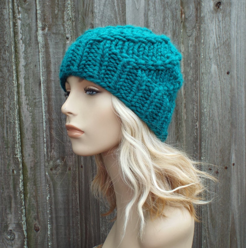Peacock Beanie Chunky Knit Hat Womens Hat Blue Mens Hat Blue Spiral Beanie Blue Hat Blue Beanie Whirly Beanie in Peacock