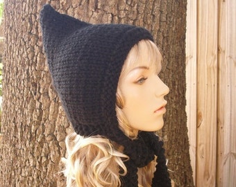 Black Witch Hat, Black Pixie Hat, Chunky Knit Hat, Womens Hat, Womens Accessories, Fall Fashion, Winter Hat, Black Hat
