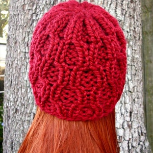 Chunky Cable Knit Hat for Men, Women and Teens Cranberry Red Fitted Winter Beanie image 4