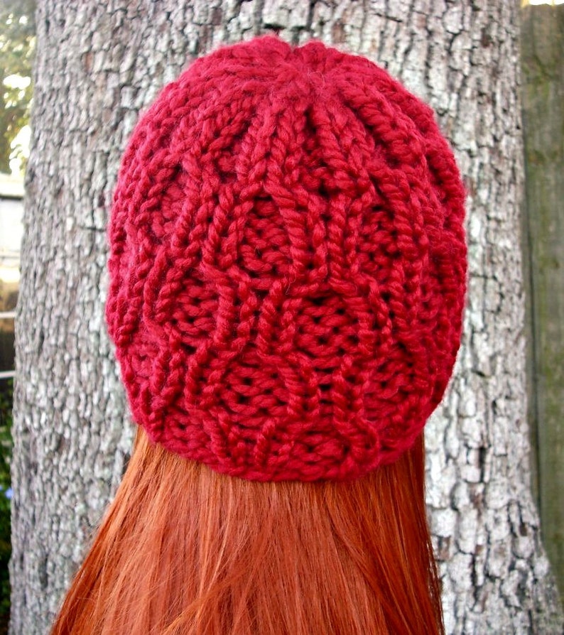 Chunky Cable Knit Hat for Men, Women and Teens Cranberry Red Fitted Winter Beanie image 4