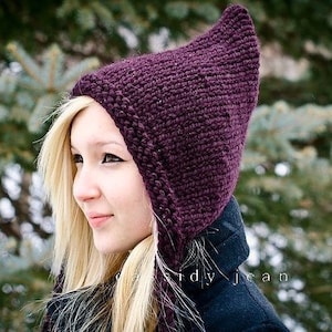 Adult Pixie Hat, Elf Hat, Gnome Hat, Chunky Knit Hat, Womens Hat, Mens Hat, Winter Hat, Pixie Hood, Knit Hood, Eggplant Purple