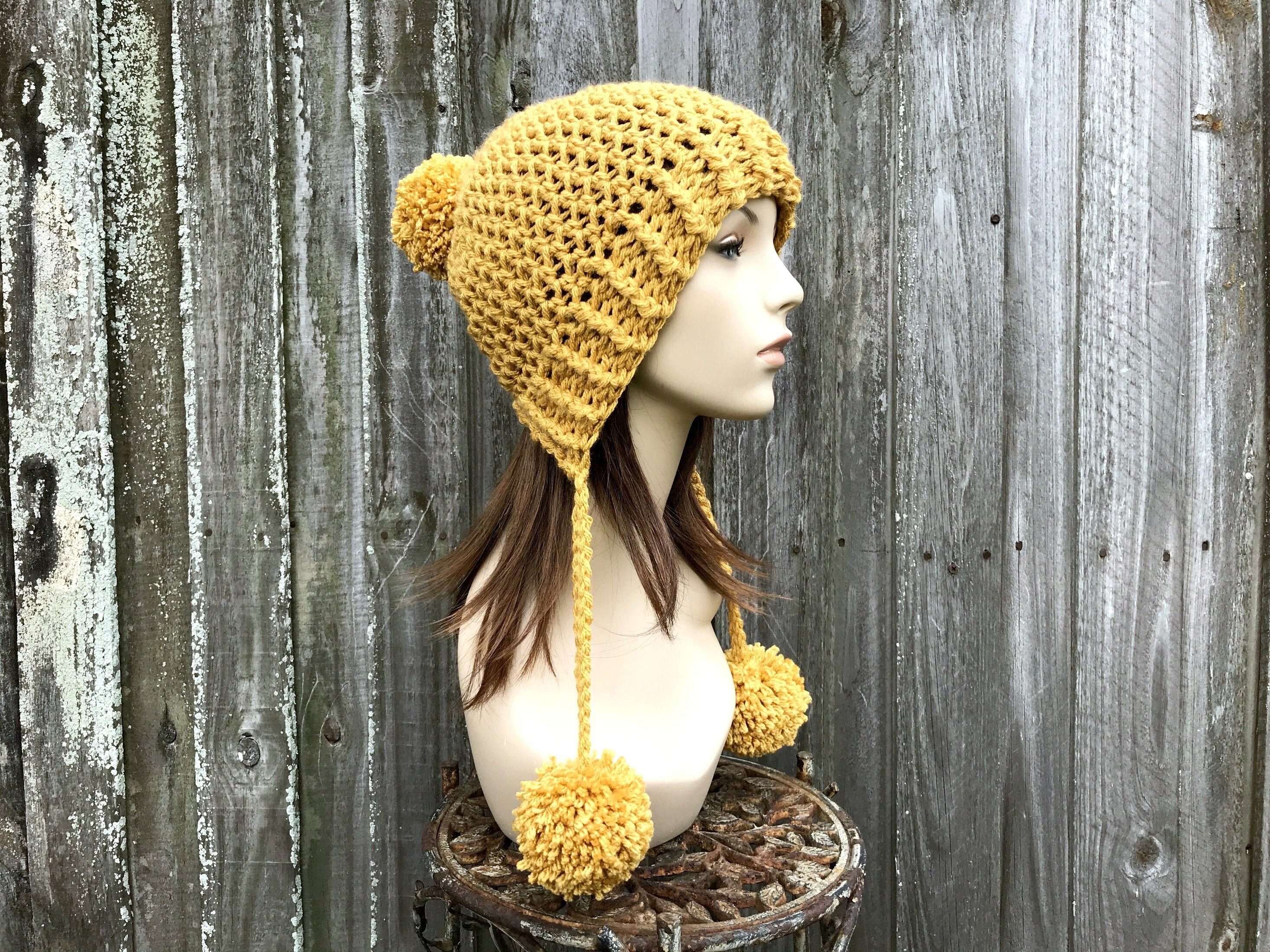 Chunky Crochet Hat With Pom Poms, Womens Hat, Winter Hat, Earflap Hat, Crochet Beanie, Marceline Beanie, Mustard Yellow - Etsy Chunky Crochet Hat With Pom Poms, Womens Hat, Winter Hat, Earflap Hat, Crochet Beanie, Marceline Beanie, Mustard Yellow - Etsy