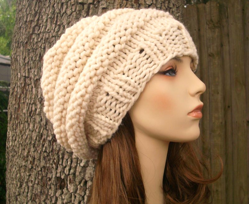 Cream Oversized Beehive Beret Womens Hat Chunky Knit Hat Etsy