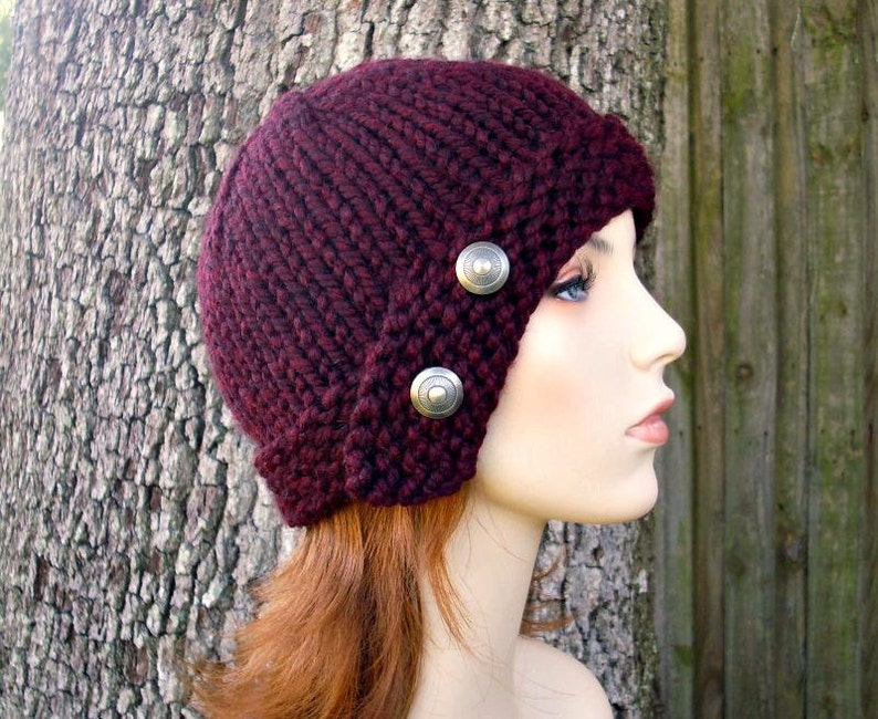 Knit Cloche Hat, Chunky Knit Hat, Womens Hat, Winter Hat, Knit Beanie, Knit Cap, Womens Cloche Beanie, Claret Burgundy image 2