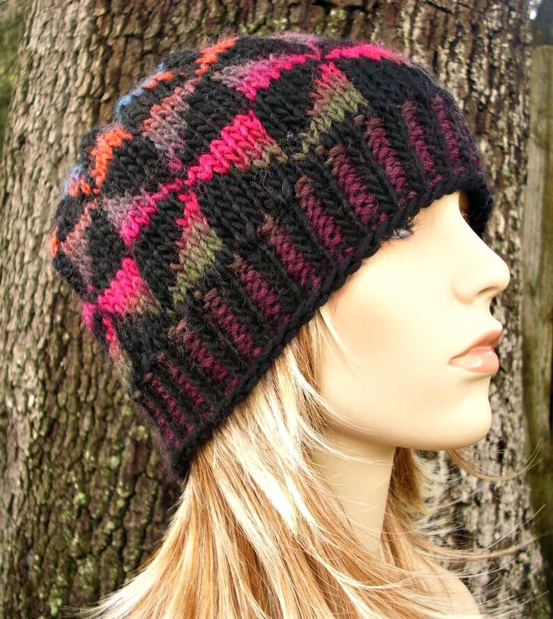 READY TO SHIP Rainbow Hat Womens Hat Mens Hat Black Hat Kaleidoscope Beanie in Black and Brights Knit Hat Womens Accessories