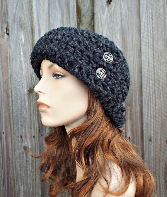 Crochet Hat Womens Hat 1920s Flapper Hat Garbo Cloche Hat Charcoal Grey Crochet Hat Grey Hat Grey Beanie Womens Accessories Winter Hat - 