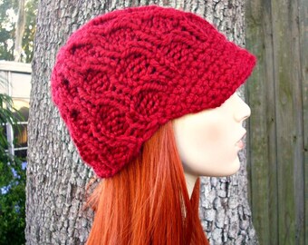 Hand Knit Beanie with Brim, Chunky Knit Hat, Womens Hat, Mens Hat, Winter Hat, Knit Cap, Newsboy Cap, Amsterdam Cable Beanie, Cranberry Red