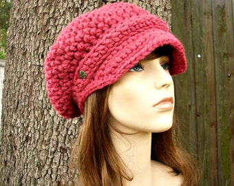 Chunky Crochet Hat, Womens Hat, Mens Hat, Winter Hat, Newsboy Hat, Newsboy Cap, Crochet Cap, Crochet Beanie, Raspberry Pink