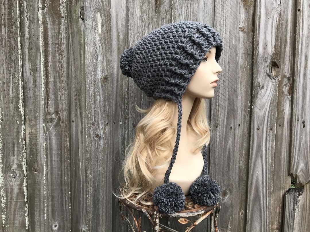 Chunky Crochet Hat, Womens Hat, Mens Hat, Winter Hat, Crochet Beanie, Hat With Pom Poms, Ear Flap Hat, Marceline Beanie, Steel Grey - Etsy Chunky Crochet Hat, Womens Hat, Mens Hat, Winter Hat, Crochet Beanie, Hat With Pom Poms, Ear Flap Hat, Marceline Beanie, Steel Grey - Etsy