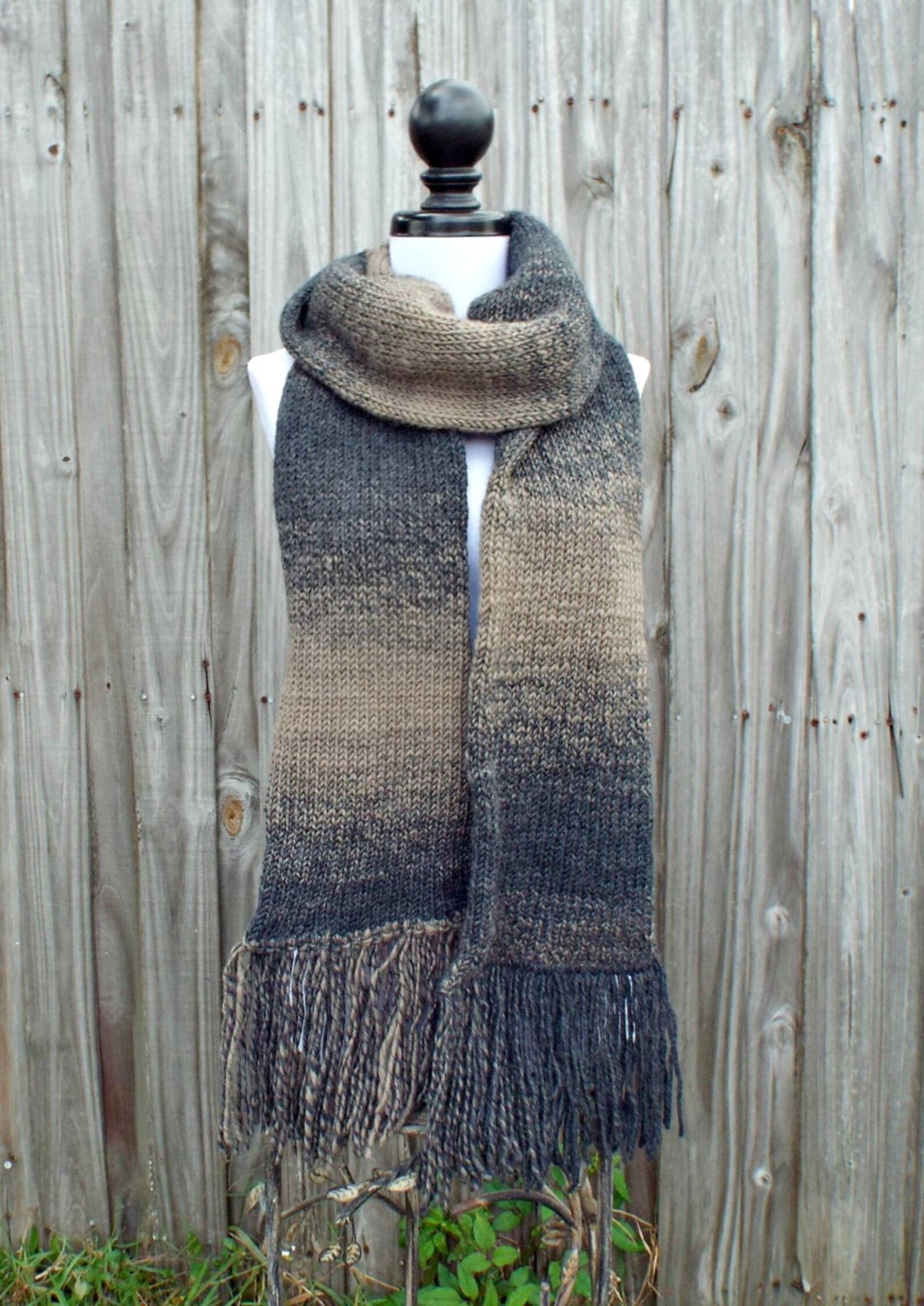 Double Knit Scarf With Fringe Charcoal Grey and Taupe Brown Etsy