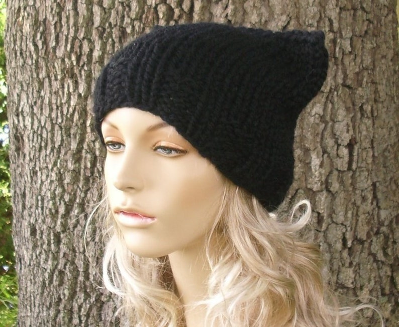 Knit Cat Hat Black Cat Hat Black Cat Beanie Black Knit Hat Black Womens Hat Black Hat Black Beanie Womens Accessories Winter Hat image 3
