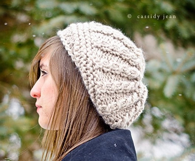 Chunky Knit Hat, Womens Hat, Mens Hat, Slouchy Hat, Slouchy Beanie, Cable Beret Hat, Knit Beret, Mushroom image 4