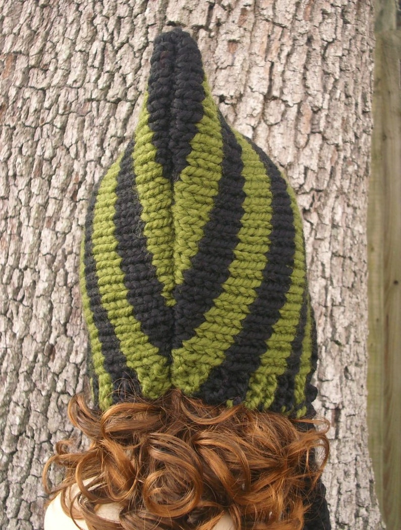 Chunky Knit Hat, Womens Hat, Mens Hat, Winter Hat, Pixie Hat, Elf Hat, Pixie Hood, Knit Hood, Black and Green image 5