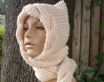 Chunky Knit Hooded Scarf, Hand Knit Scarf Hat, Chunky Scarf, Womens Hat, Womens Scarf, Winter Scarf, Knit Hood, Neck Warmer, Cable Scarf Hat