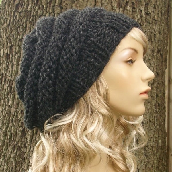 Hand Knit Beret, Chunky Knit Hat, Womens Hat, Mens Hat, Winter Hat, Oversized Knit Hat, Knit Beanie, Knit Cap, Beehive Beret, Charcoal Grey