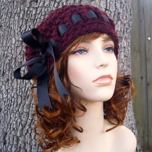 Chunky Crochet Hat, Crochet Beret, Hat with Bow, Womens Hat, Winter Hat, Slouchy Beanie, Womens Beret, Escargot Beret, Claret Burgundy