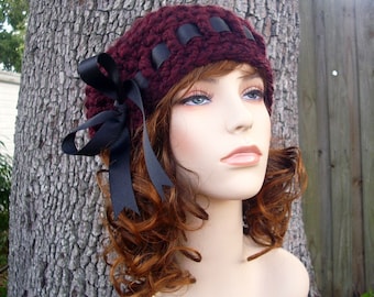 Chunky Crochet Hat, Crochet Beret, Hat with Bow, Womens Hat, Winter Hat, Slouchy Beanie, Womens Beret, Escargot Beret, Claret Burgundy