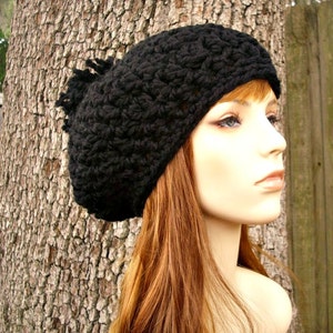 Crochet Beret, Chunky Crochet Hat, Womens Hat, Mens Hat, Winter Hat, Crochet Beanie, Slouchy Beanie with Pom Pom, Black