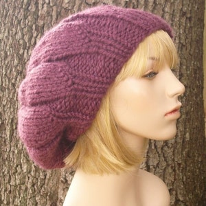 Chunky Knit Hat, Womens Hat, Mens Hat, Winter Hat, Knit Beret, Knit Beanie, Knit Cap, Oversized Hat, Oversized Urchin Beret, Fig Purple