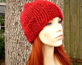 Chunky Knit Hat, Womens Hat, Mens Hat, Winter Hat, Knit Beanie, Knit Cap, Fitted Beanie, Ribbed Brim Skullcap, Cranberry Red