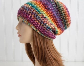Crochet Hat, Womens Hat, Mens Hat, Winter Hat, Crochet Beanie, Crochet Cap, Slouchy Hat, Leighton Slouchy Beanie, Bright Rainbow