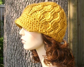 Chunky Knit Hat, Womens Hat, Mens Hat, Winter Hat, Cable Hat, Newsboy Cap, Newsboy Hat, Amsterdam Cable Beanie, Goldenrod Yellow