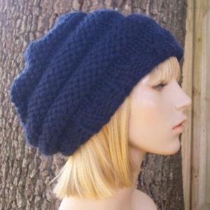 Chunky Knit Hat, Womens Hat, Mens Hat, Winter Hat, Knit Beret, Knit Beanie, Knit Cap, Slouchy Beanie, Oversized Beehive Beret, Navy Blue