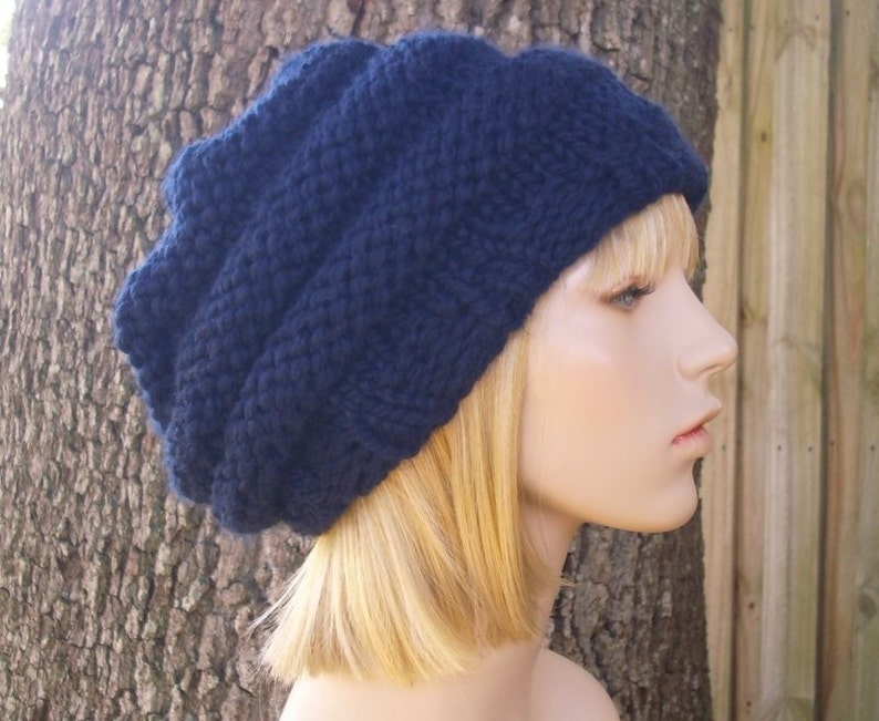 Chunky Knit Hat, Womens Hat, Mens Hat, Winter Hat, Knit Beret, Knit Beanie, Knit Cap, Slouchy Beanie, Oversized Beehive Beret, Navy Blue image 1