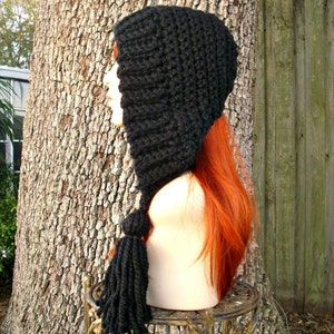 Black Crochet Hat Women Hat Crochet Hood Hat Black Tassel Hat Black Ear Flap Hat Black Hat Black Hood Winter Hat image 2