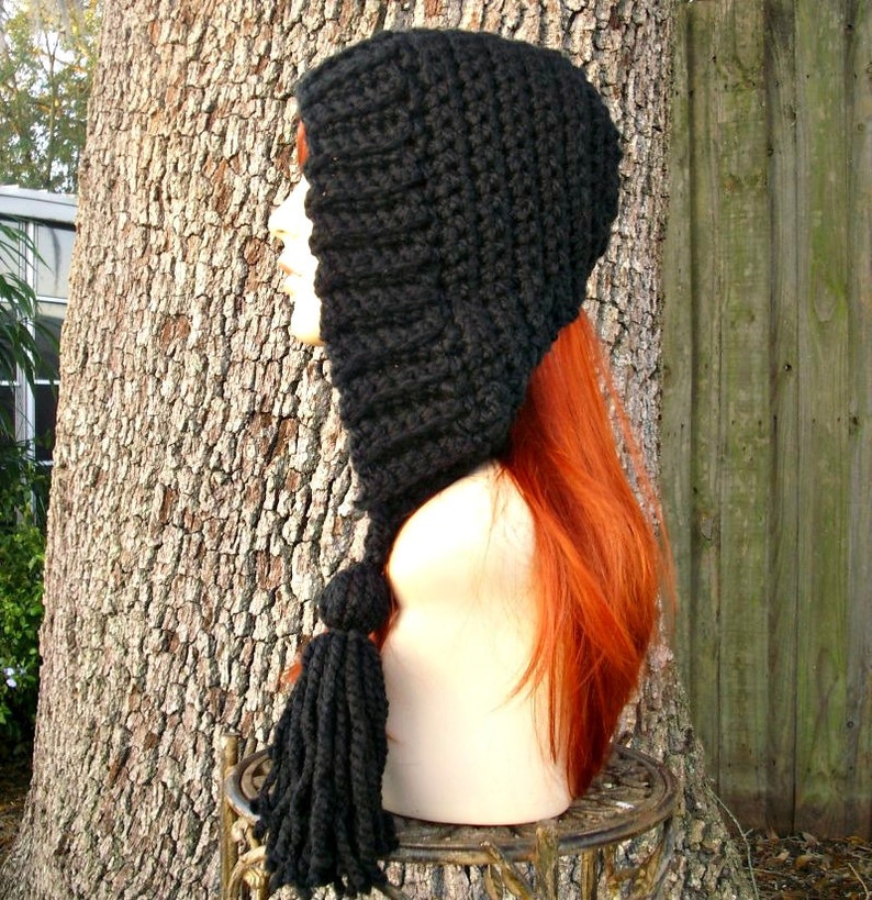 Black Crochet Hat Women Hat Crochet Hood Hat Black Tassel Hat Black Ear Flap Hat Black Hat Black Hood Winter Hat image 2