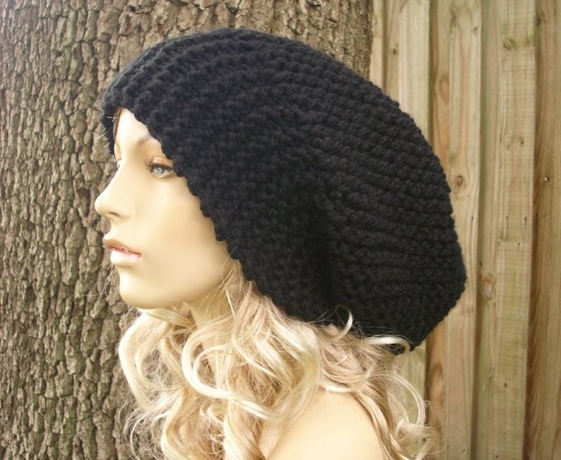 Black Knit Hat Black Womens Hat Black Slouchy Beanie Black Etsy