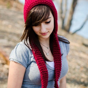 Red Pixie Hat, Chunky Knit Hat, Womens Hat, Mens Hat, Winter Hat, Ear Flap Hat, Adult Pixie Hat, Pixie Hood, Knit Hood, Cranberry image 2
