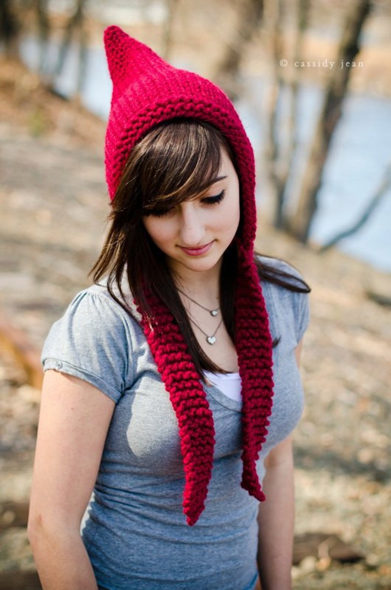 Red Pixie Hat, Chunky Knit Hat, Womens Hat, Mens Hat, Winter Hat, Ear Flap Hat, Adult Pixie Hat, Pixie Hood, Knit Hood, Cranberry image 2