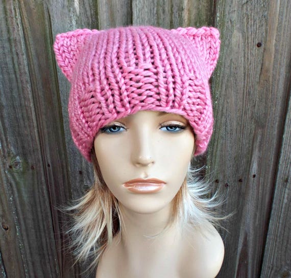 Chunky Knit Hat Pink Cat Hat Womens Hat Winter Hat Pink Etsy