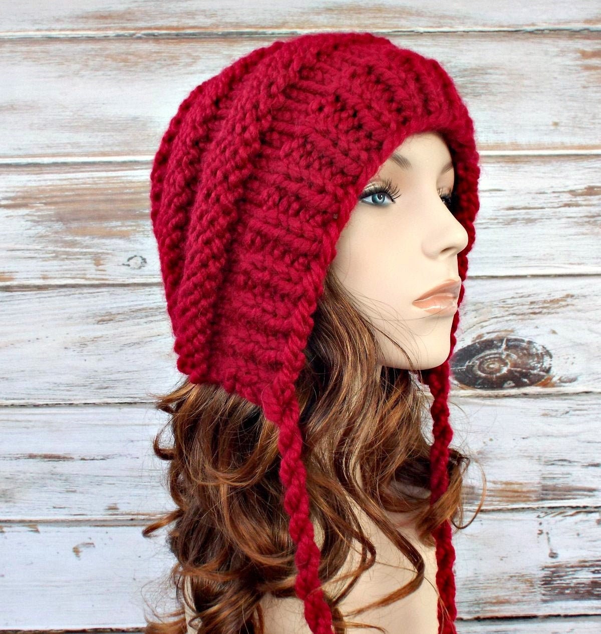 NAILAO Fashionable Women's Floral Knitted Crochet Beanie Hat Winter Warm Hat Wine Red