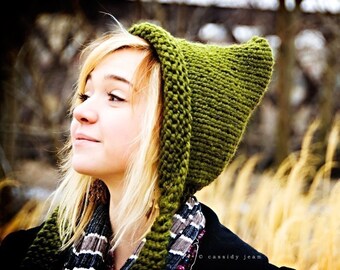 Chunky Knit Hat, Hand Knit Hat, Pixie Hat, Womens Hat, Winter Accessories, Fall Fashion, Pixie Hood Olive Green