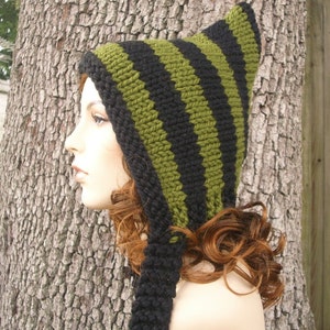 Chunky Knit Hat, Womens Hat, Mens Hat, Winter Hat, Pixie Hat, Elf Hat, Pixie Hood, Knit Hood, Black and Green image 3