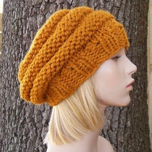Chunky Knit Hat, Womens Hat, Mens Hat, Winter Hat, Knit Beret, Knit Cap, Knit Beanie, Slouchy Beanie, Bullseye Beret, Butterscotch Yellow