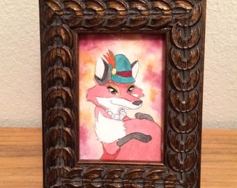 Framed Miniature Original Watercolor of Foxy Ms. Foxington the Fox (in Her Hat)