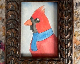 Framed Miniature Cardinal (with a scarf) Watercolor - Your New Feathered Friend