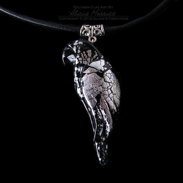 Unique Black Crackled Silver Parrot Bird Pendant Necklace Jewelry Clay Art